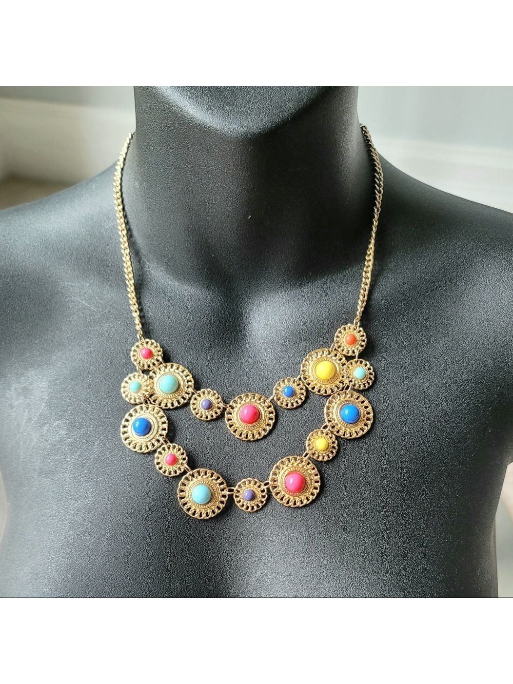 Fashion Double Multicolor Beaded Disc Pendant Necklace